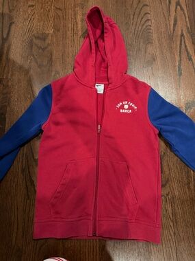 Nike Kids Red Hooded Zip Sweatshirt with Blue Sleeves